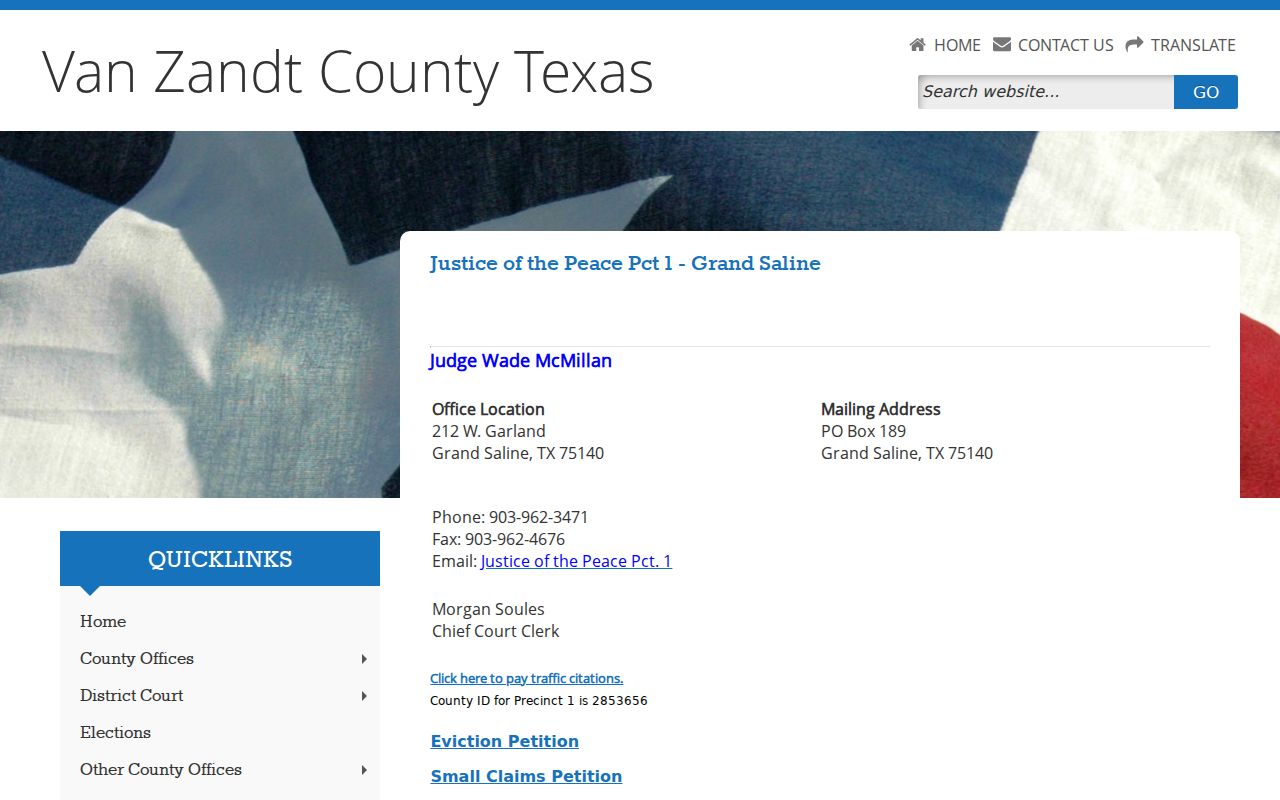 Van Zandt County warrant records: JP 1 precinct contact route in Grand Saline