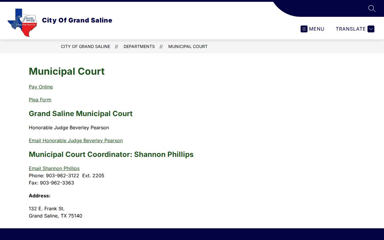 Grand Saline warrant records: sparse official municipal court page