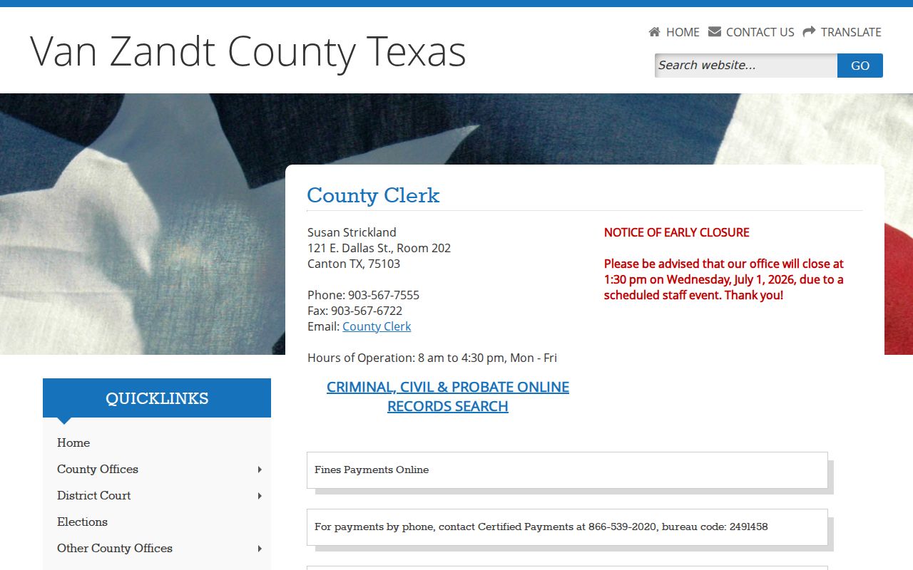 Van Zandt County warrant records: County Clerk and public records portal link