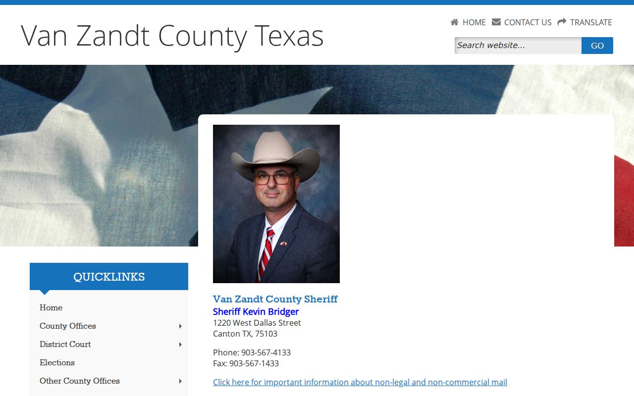 Van Zandt County warrant records: Sheriff contact and inmate information page